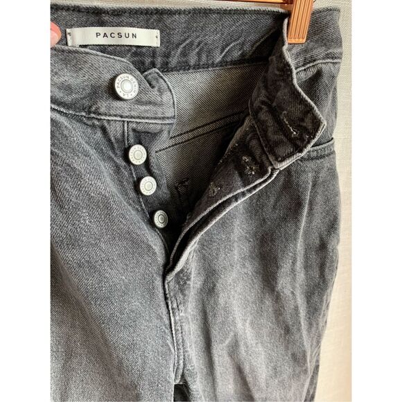 PacSun Black High Rise Jeans 25 Button Fly Straight Leg Raw Hem Grunge Y2K Denim - Picture 6 of 16
